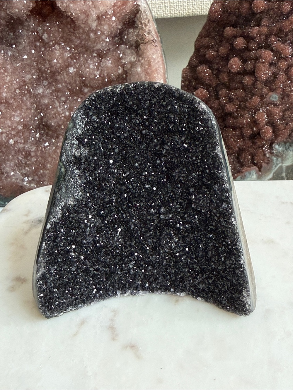 Natural sparkly black amethyst cut base specimen from Brazil
